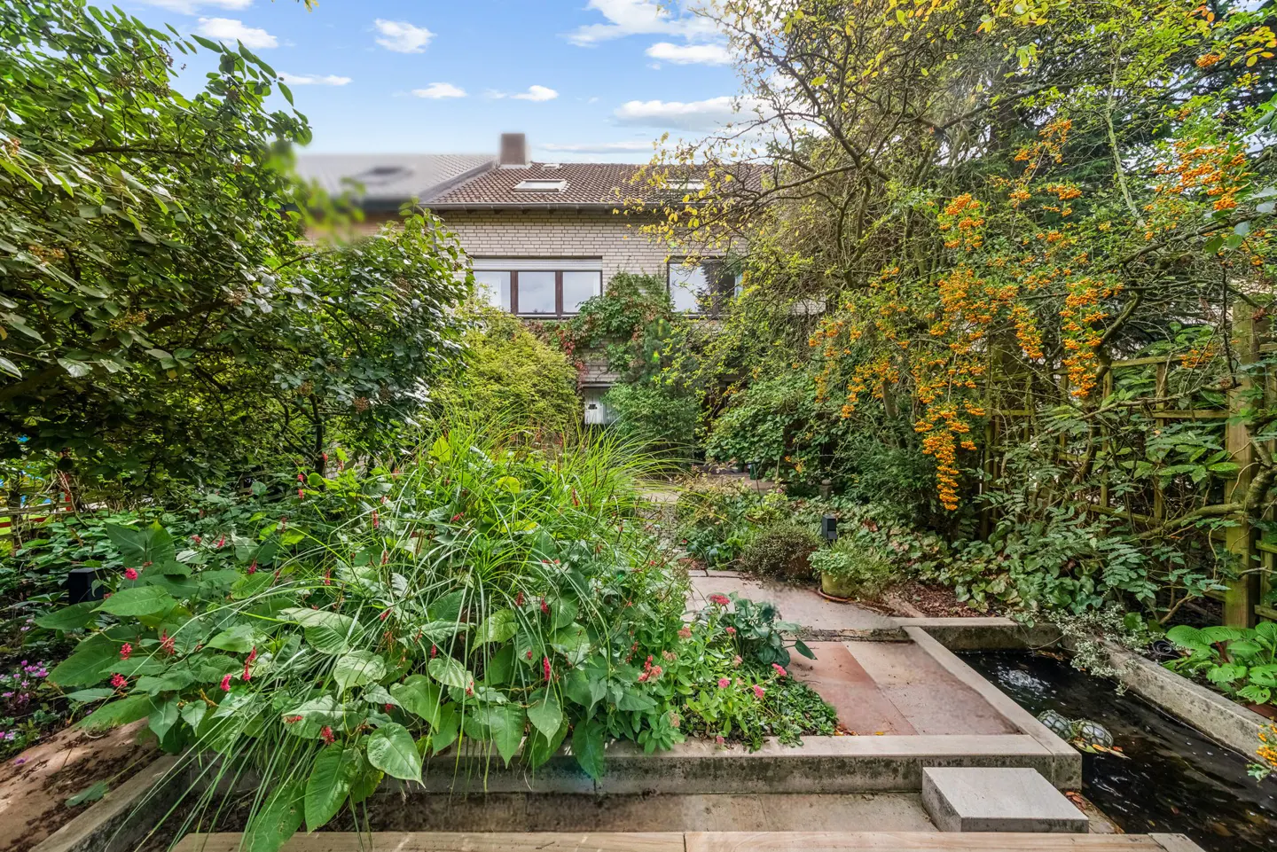 Lush garden with a pond and stone path leading to a brick house. Green foliage and orange berries add color.