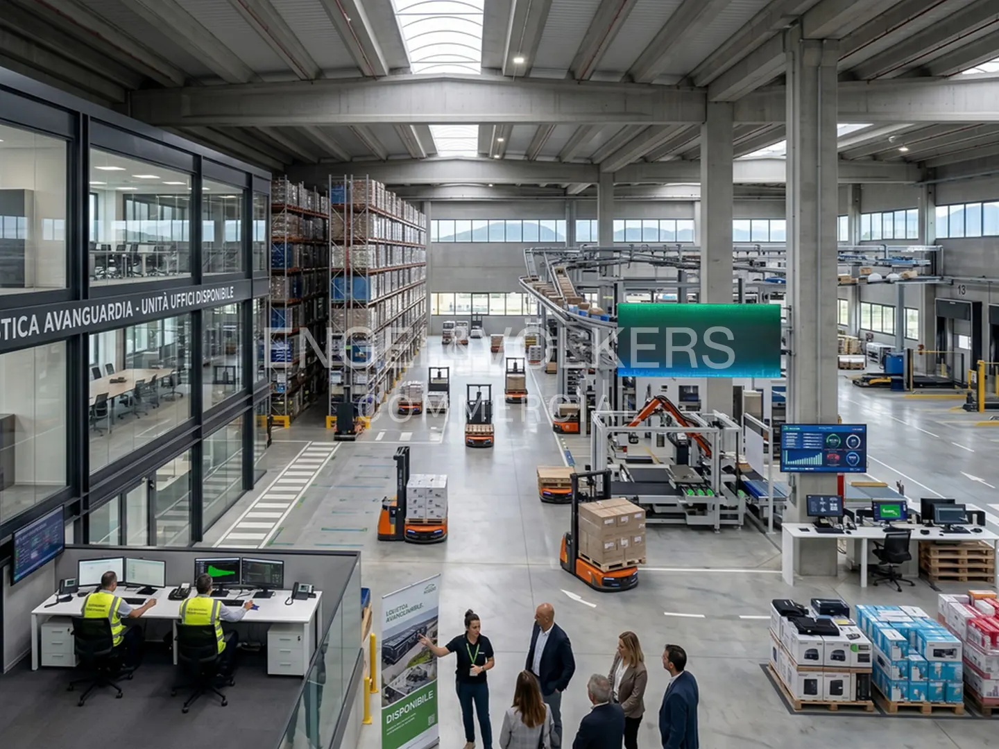 A large, modern warehouse with forklifts, conveyor belts, and office space. People are touring the facility.