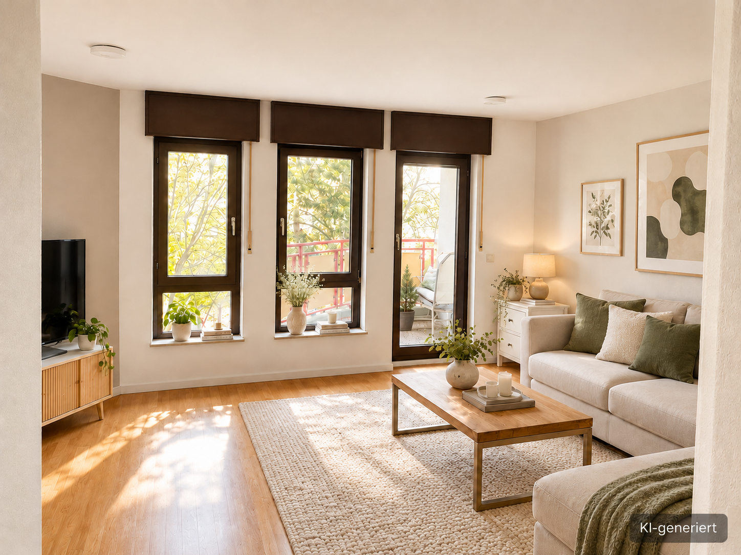 Bright, modern living room with a beige sofa, wooden coffee table, large windows, and a balcony view. [AI-generated text]