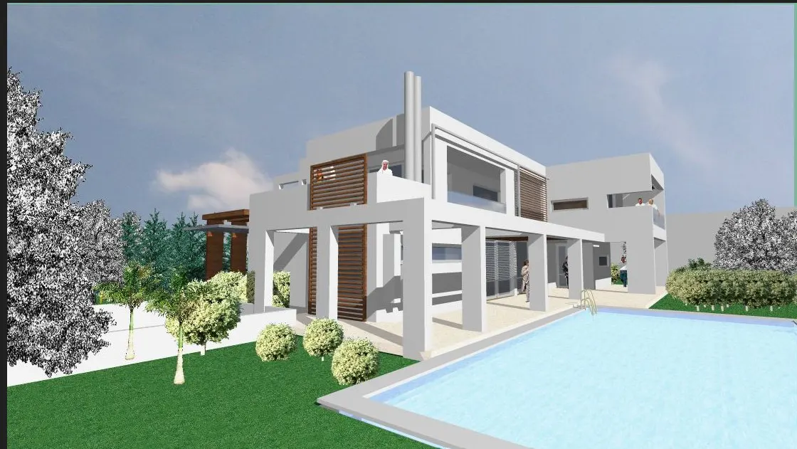Modern white house with a blue pool, green lawn, and trees under a cloudy sky. People are on the balconies and patio.
