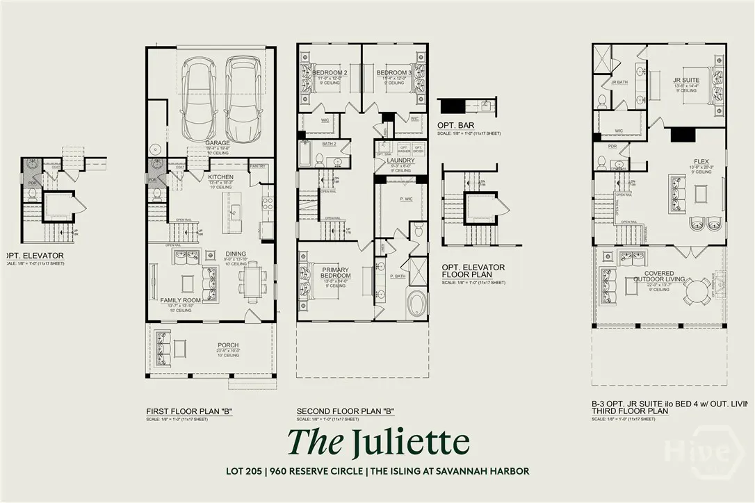 Floor plan for "The Juliette" home, showing first, second, and third floors with room names and layout.