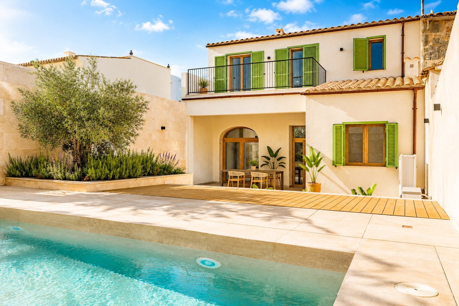 A Mediterranean villa with a swimming pool, green shutters, a balcony, and a patio area with an olive tree under a blue sky.