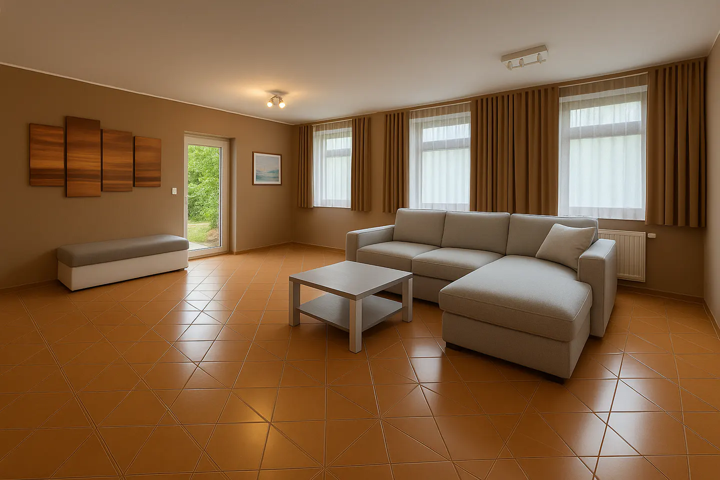 Living room with brown walls, tile floor, and a gray sectional sofa. A gray coffee table sits in front of the sofa. Curtains frame the windows.