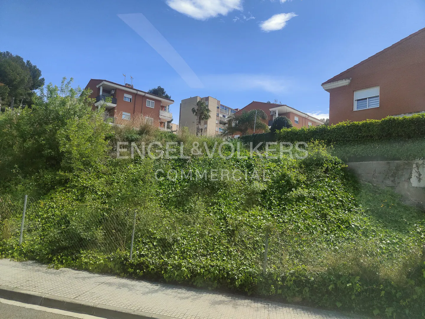 View of a vacant lot with overgrown vegetation, a chain-link fence, and residential buildings in the background under a blue sky.