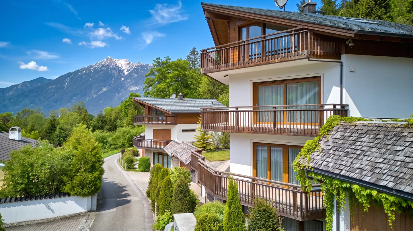 Exterior view of modern white houses with wood balconies, green trees, and a mountain backdrop under a blue sky.