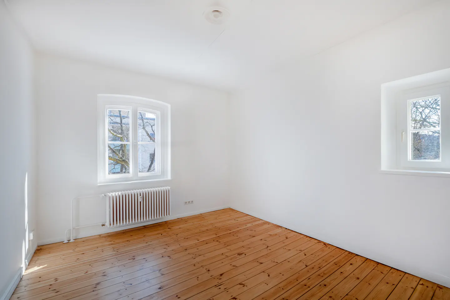 Bright, empty room with hardwood floors, white walls, and two windows letting in natural light. A radiator sits beneath one window.