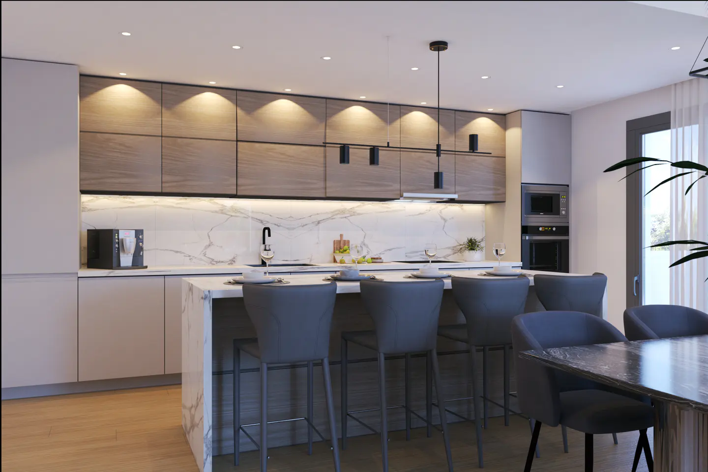 A modern kitchen with gray cabinets, a marble countertop island with gray stools, and a black linear pendant light.