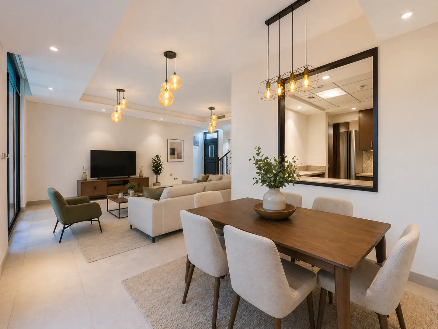 A bright, modern living and dining area with a wooden table, beige chairs, and pendant lights. A large mirror reflects the kitchen.