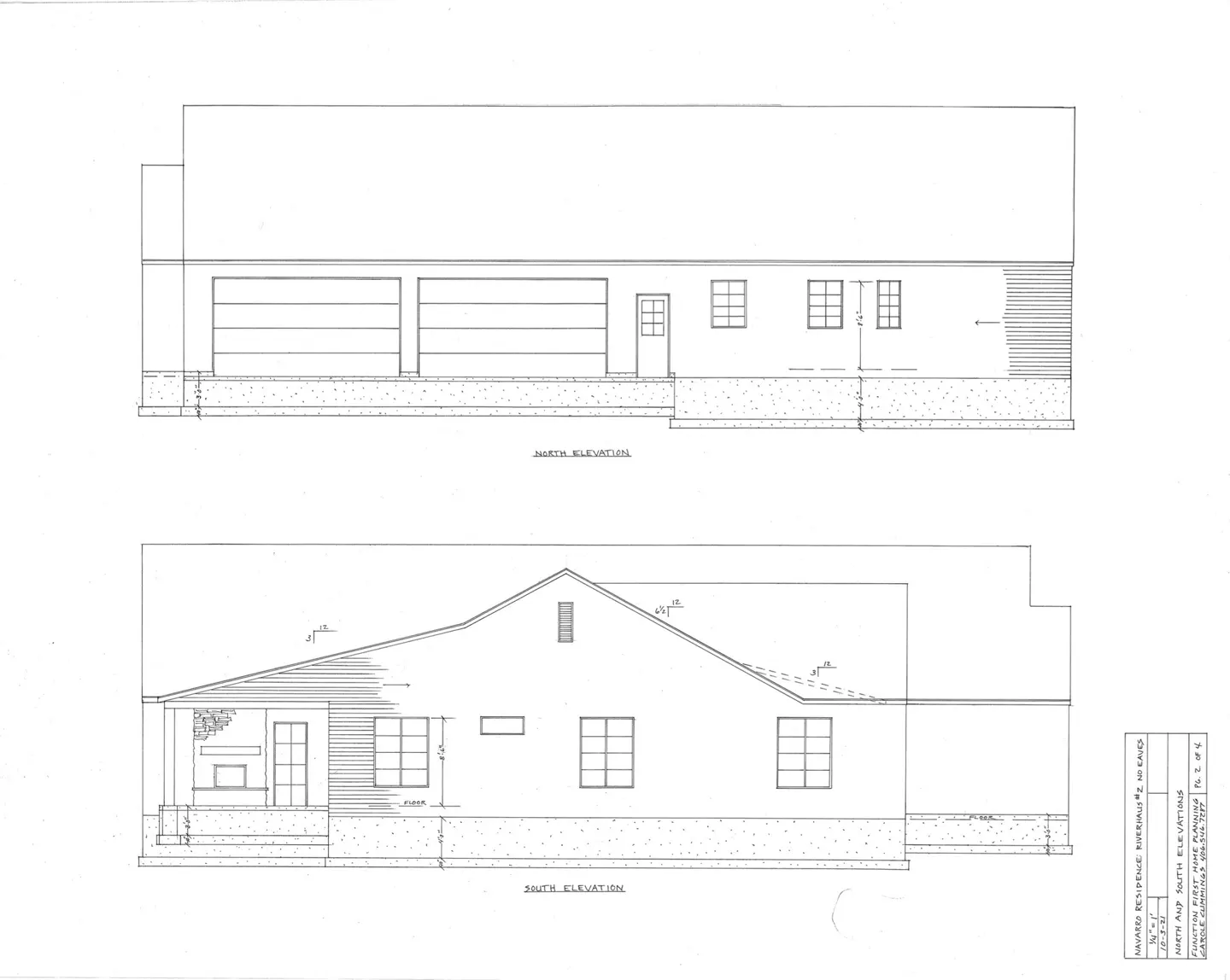 Architectural drawing showing the north and south elevations of a house with a garage, windows, and a porch.