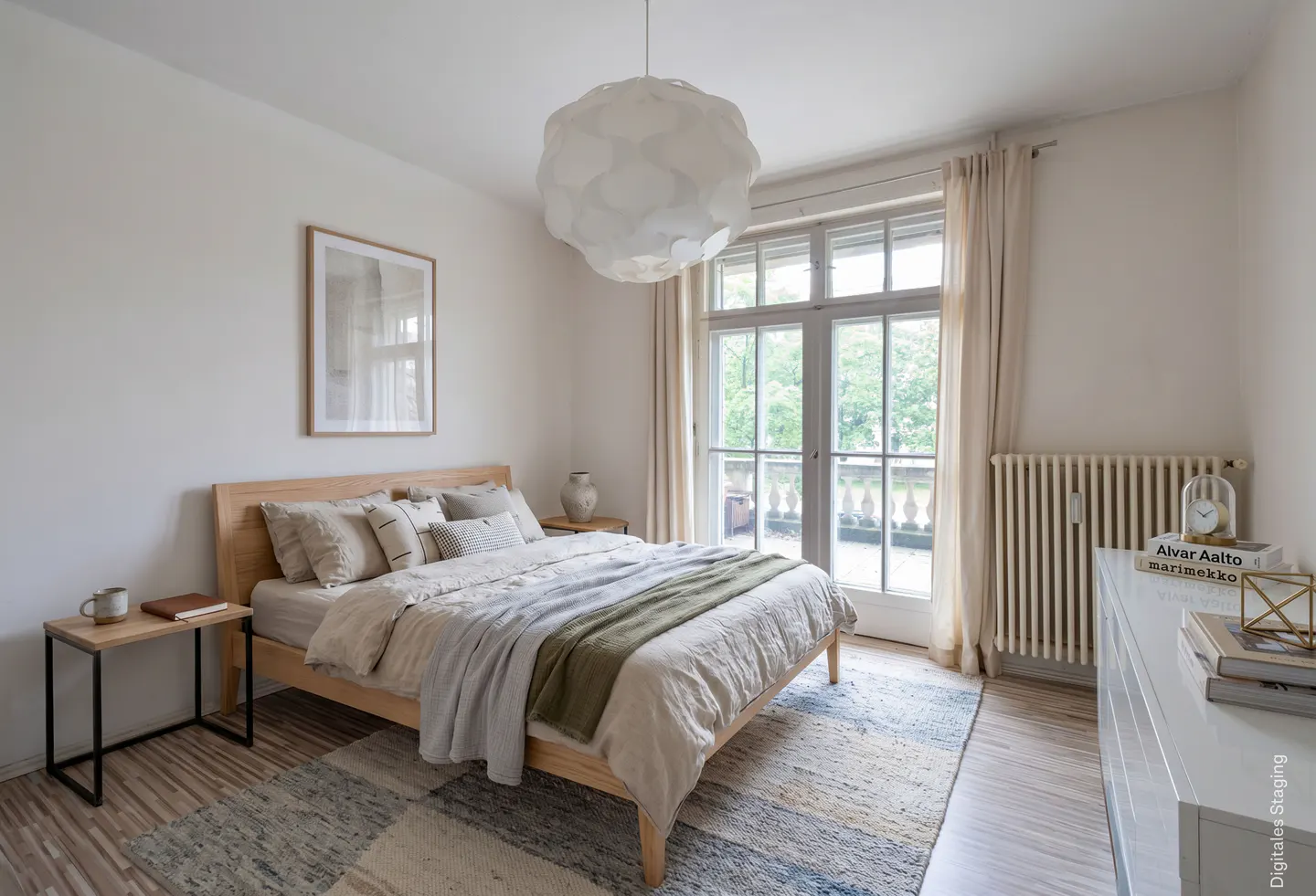 Bright bedroom with a wooden bed, white walls, and a large window. A patterned rug lies on the floor, and a white pendant light hangs from the ceiling.