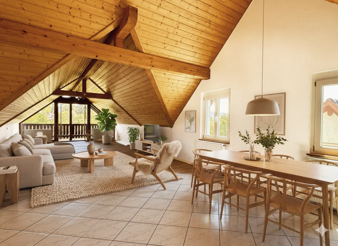 Attic living space with wood-paneled ceiling, beige sofa, dining table with chairs, and large windows.