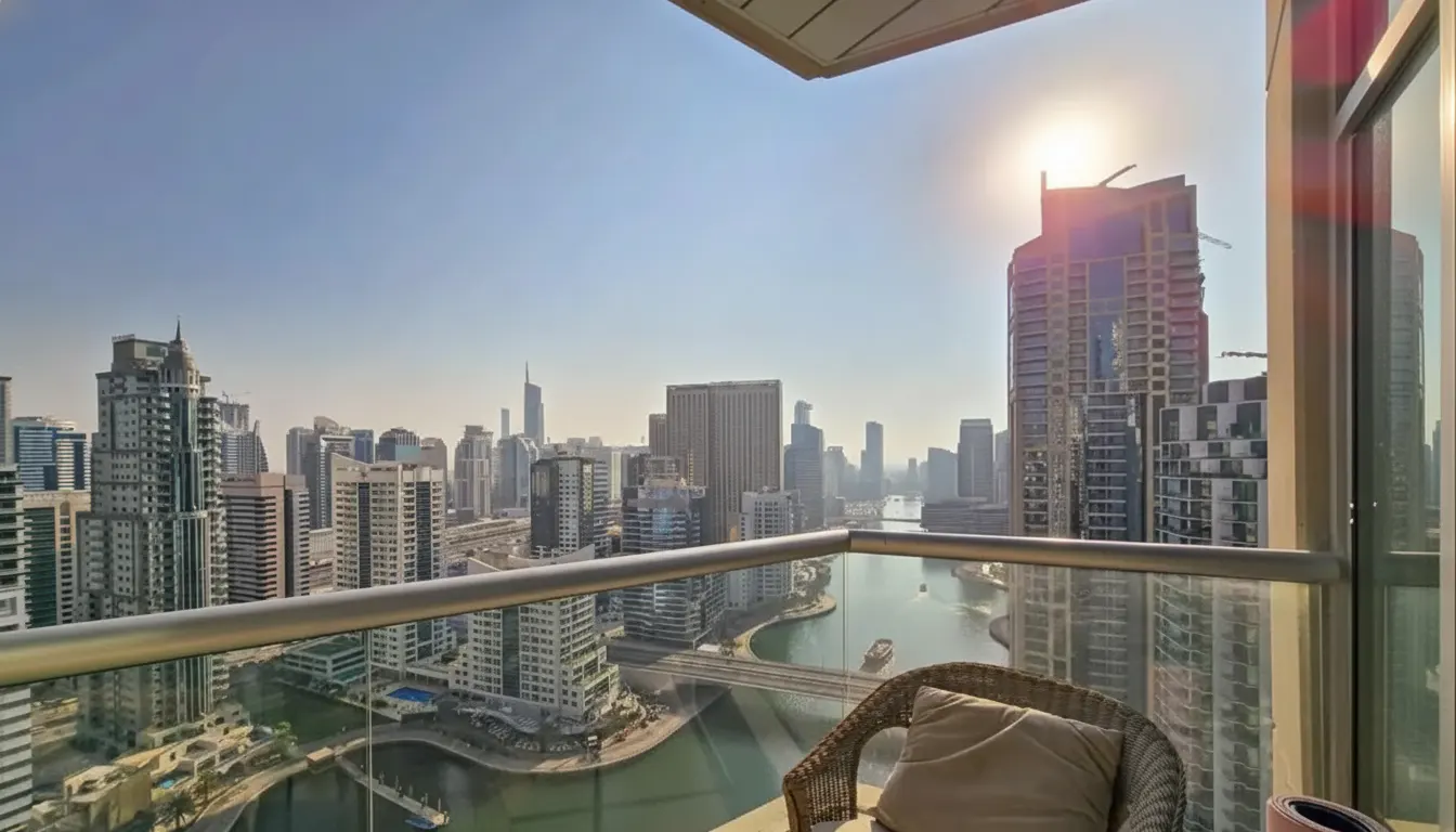 Balcony view of Dubai skyline with skyscrapers, a waterway, and a wicker chair with a beige cushion.