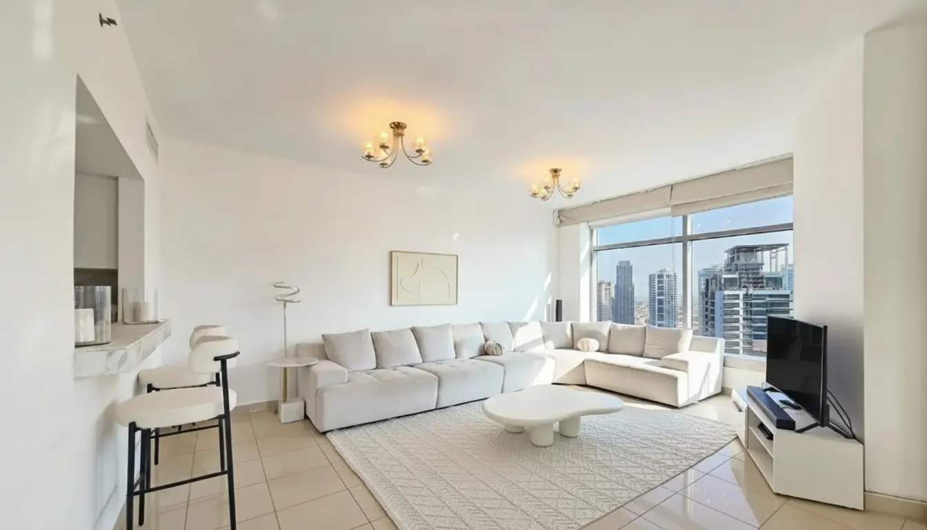 Bright, modern living room with white walls, a large sectional sofa, and a city view from the window.