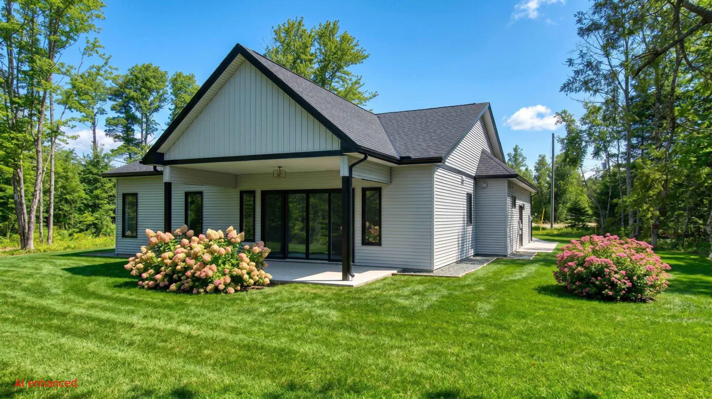 A modern, light gray house with a black roof and trim, surrounded by green grass and trees under a blue sky.