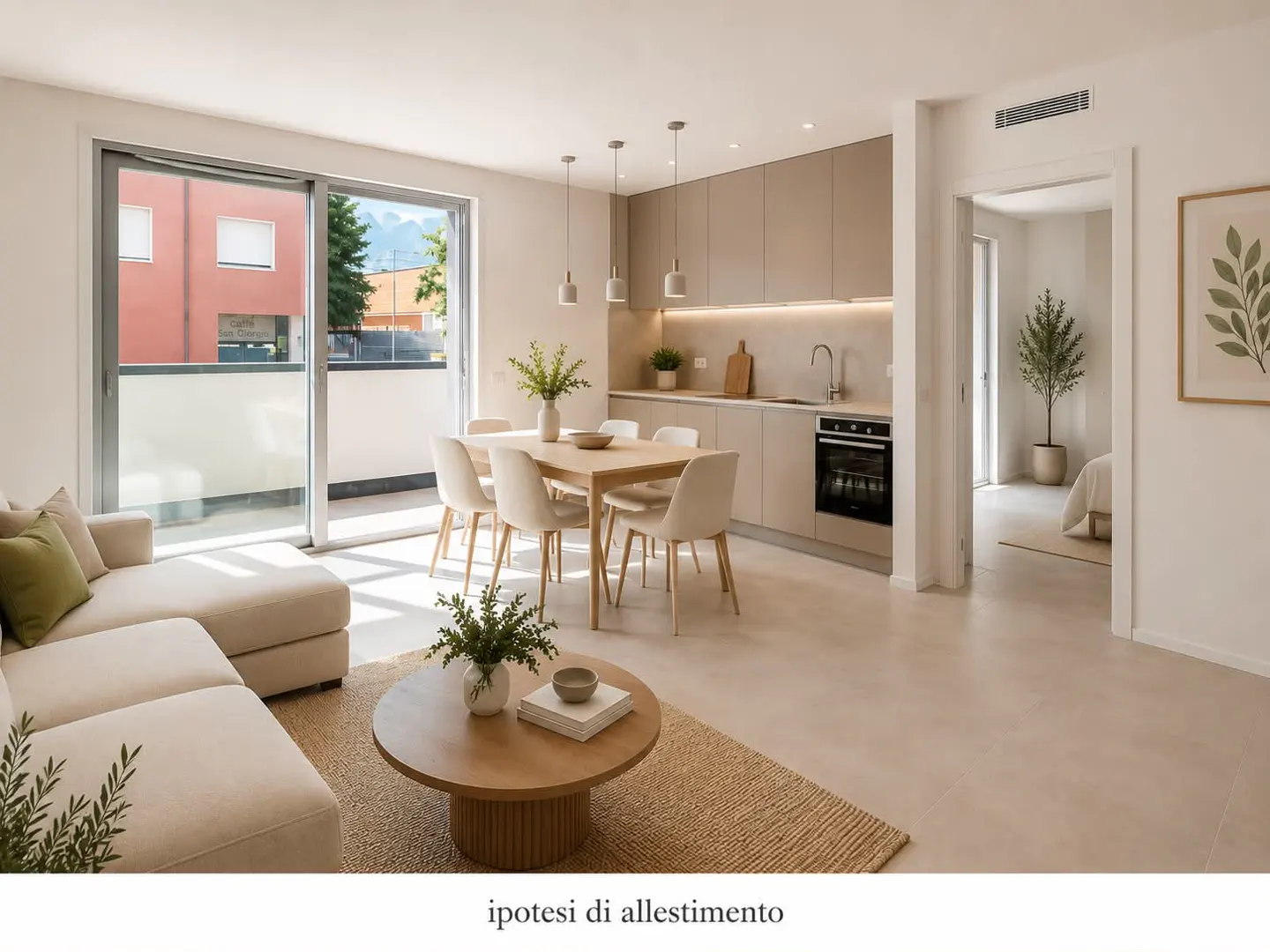 Open-concept living space with beige sofa, wood table, and kitchen with beige cabinets. Balcony with mountain view.
