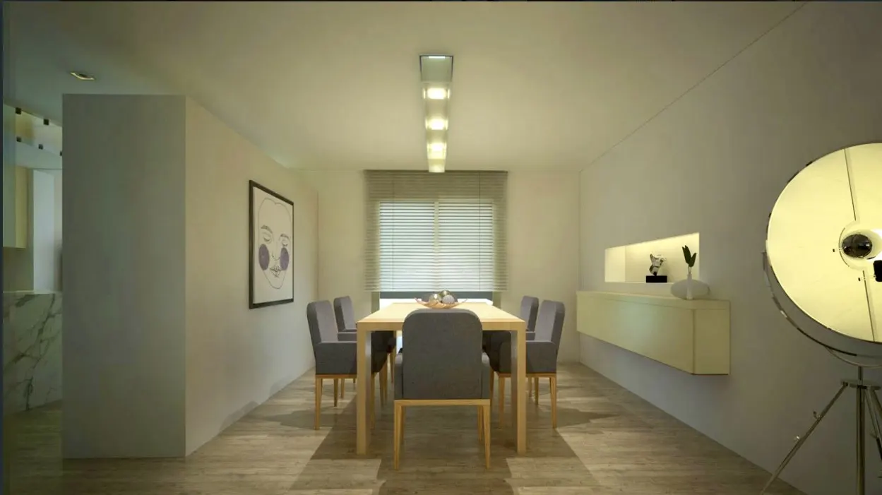 Modern dining room with a light wood table, six grey chairs, a linear ceiling light, and a large studio floor lamp.