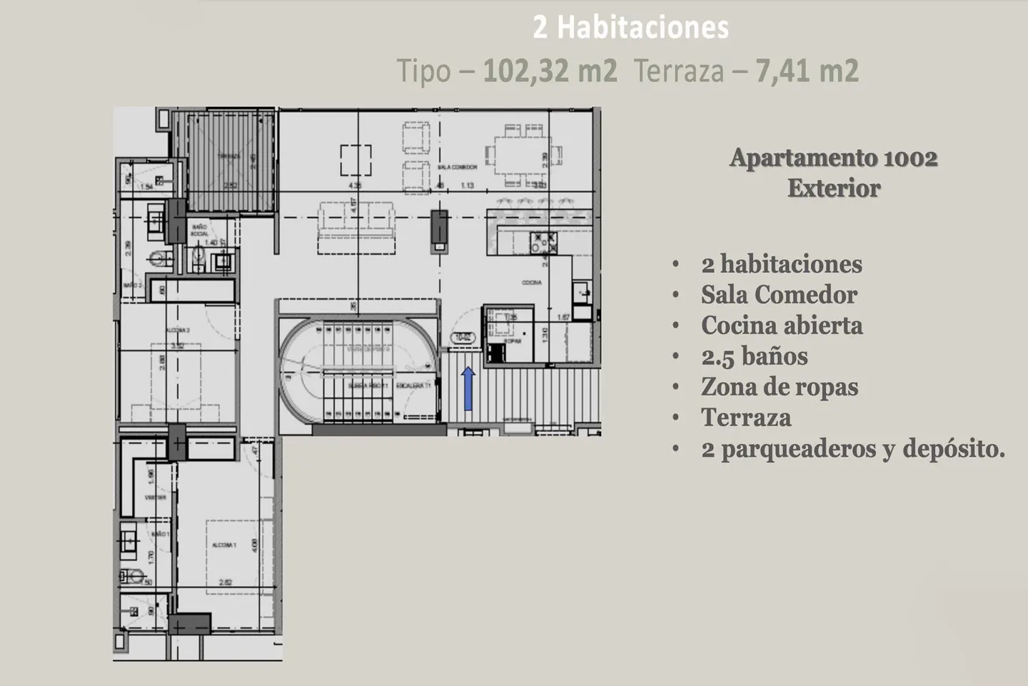 Floor plan of apartment 1002, showing layout with two bedrooms, living room, open kitchen, 2.5 bathrooms, laundry area, and terrace.