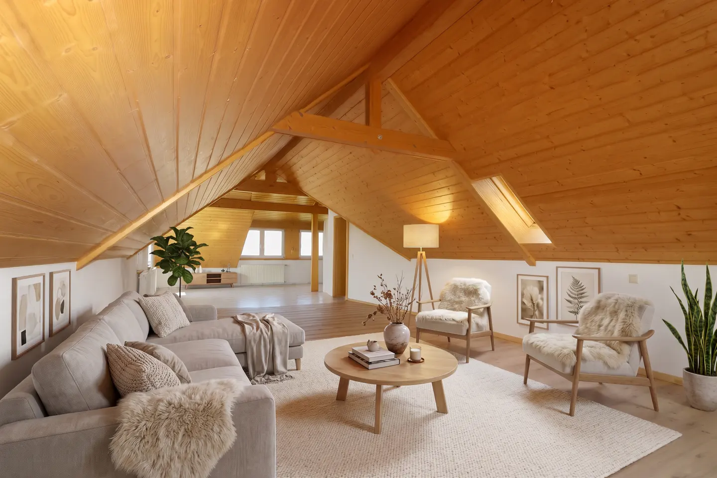 Attic living room with wood-paneled ceiling, gray sectional sofa, round coffee table, and two armchairs with faux fur throws.