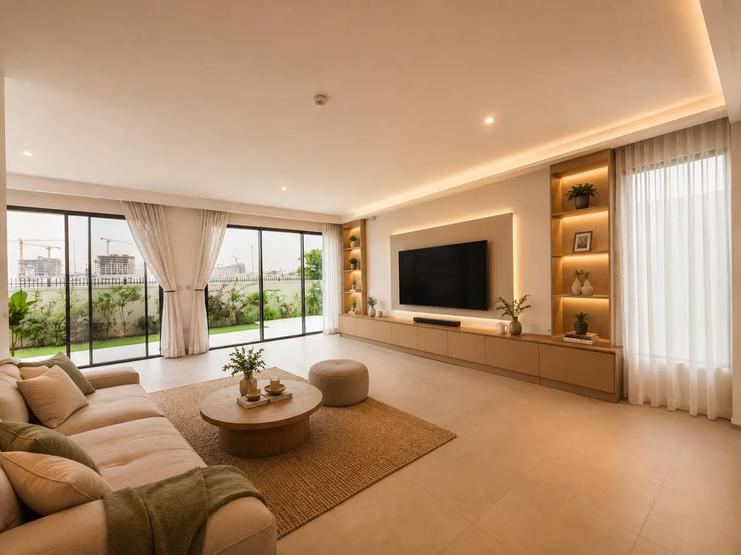 Bright living room with beige sofa, round wood table, and large TV. Shelves with plants and decor flank the TV. Large windows overlook a green yard.