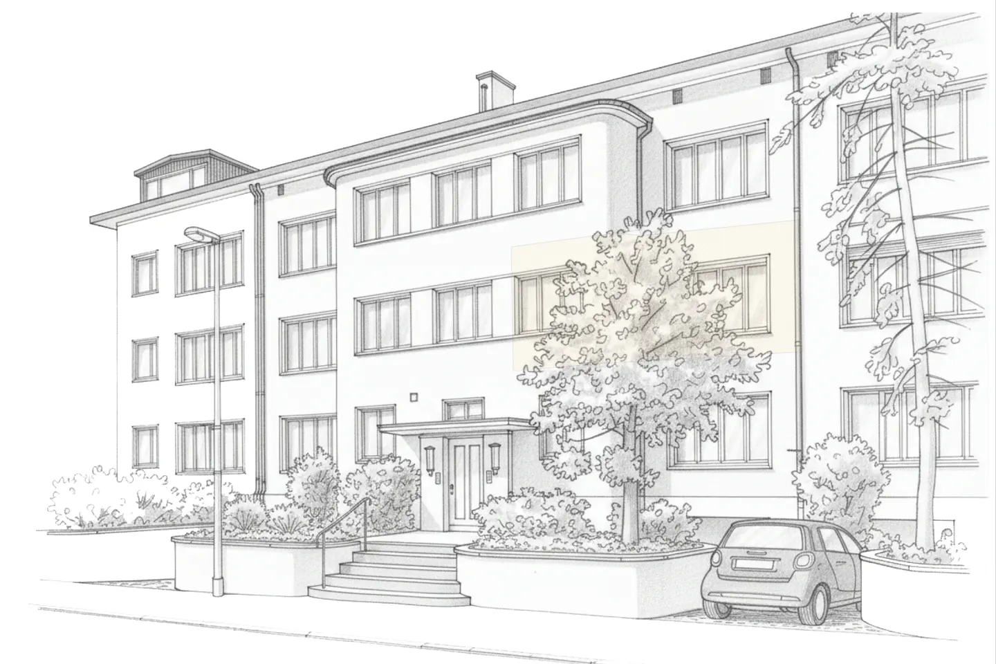 Sketch of a three-story white apartment building with a car parked in front. A tree partially obscures the windows.