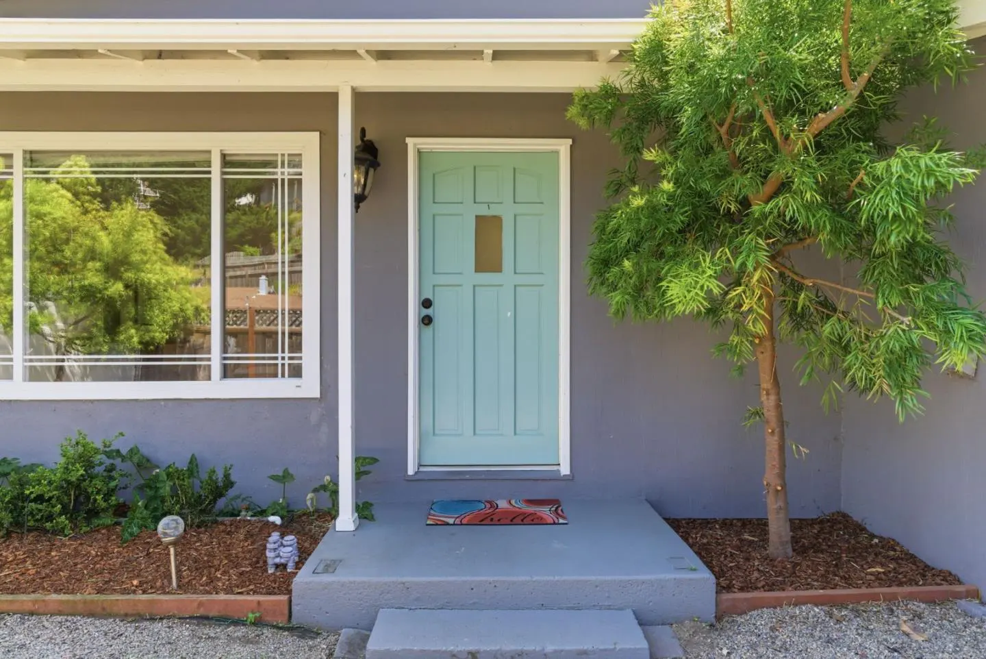 Front of a gray house with a light blue door, white trim, and a large window reflecting trees. A small tree is to the right of the door.