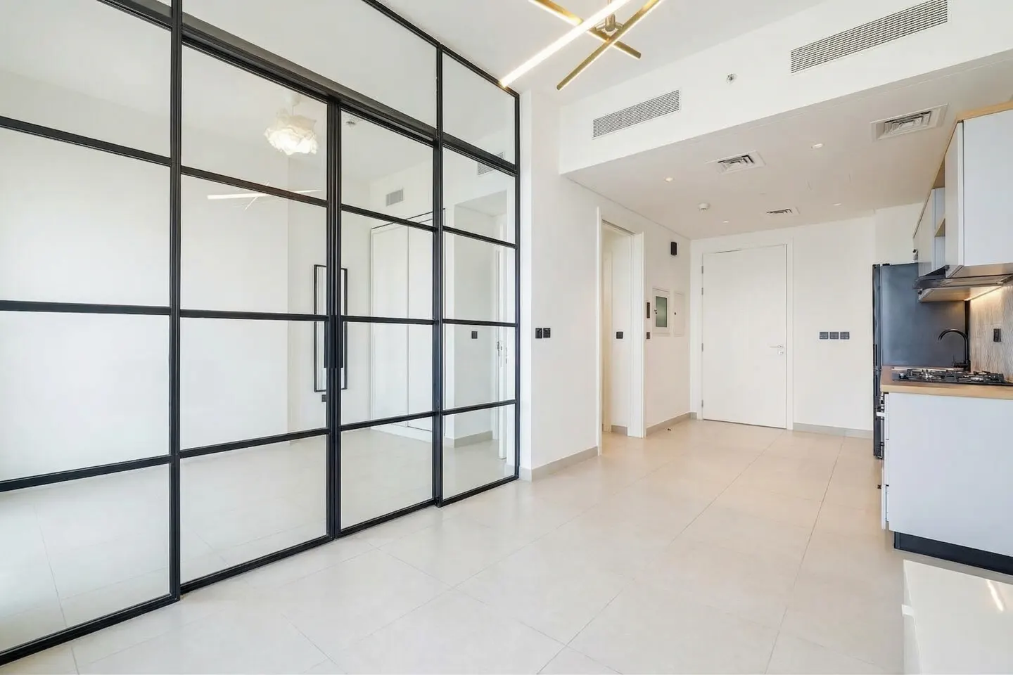 Bright, modern apartment interior with black-framed glass doors, white walls, and a glimpse of the kitchen area.