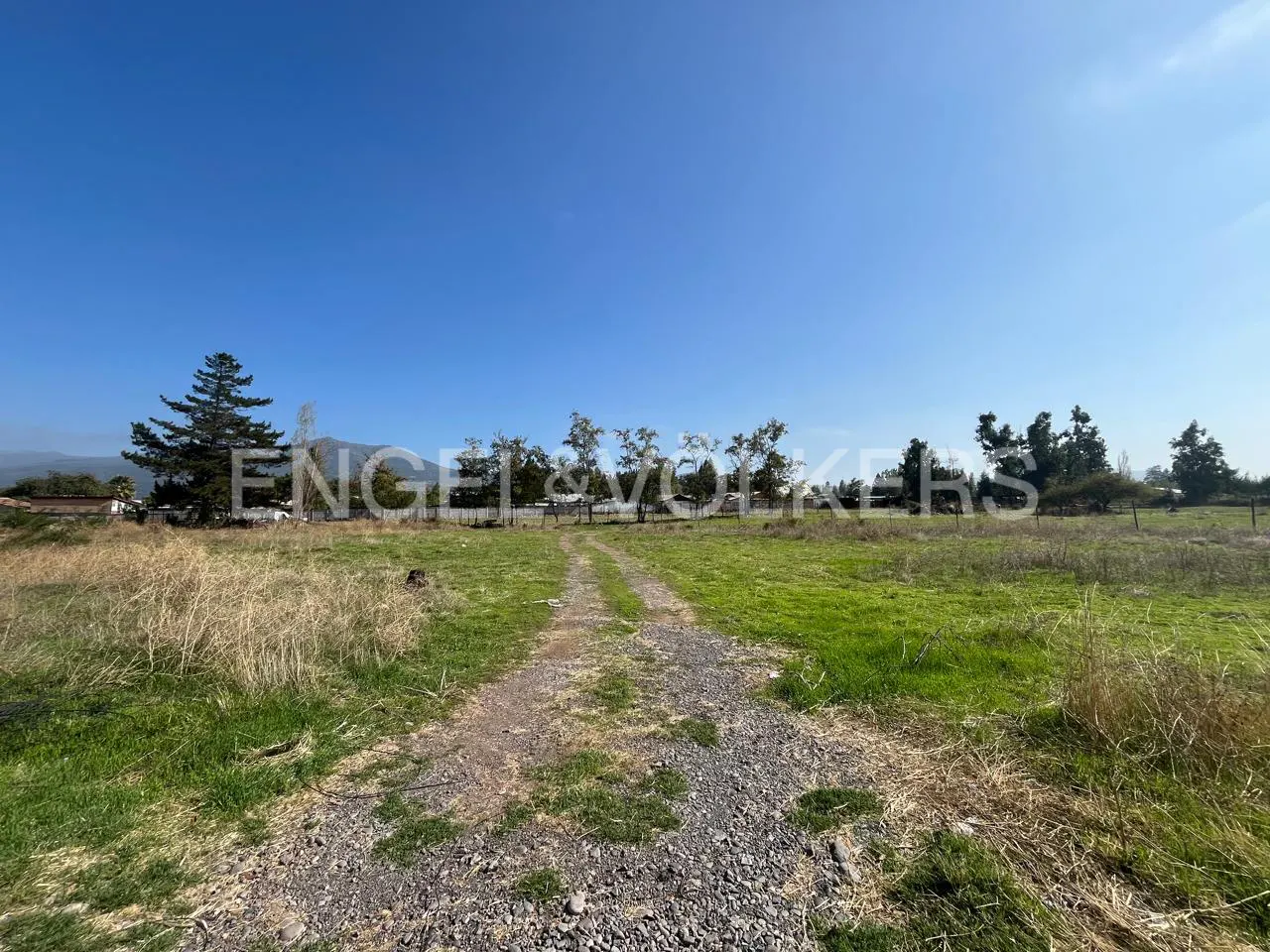 Gravel path through a grassy field under a blue sky. Trees line the horizon. Distant mountains are visible.