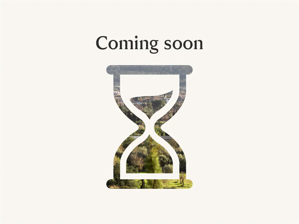 "Coming soon" text above an hourglass silhouette filled with a landscape image of trees and buildings.