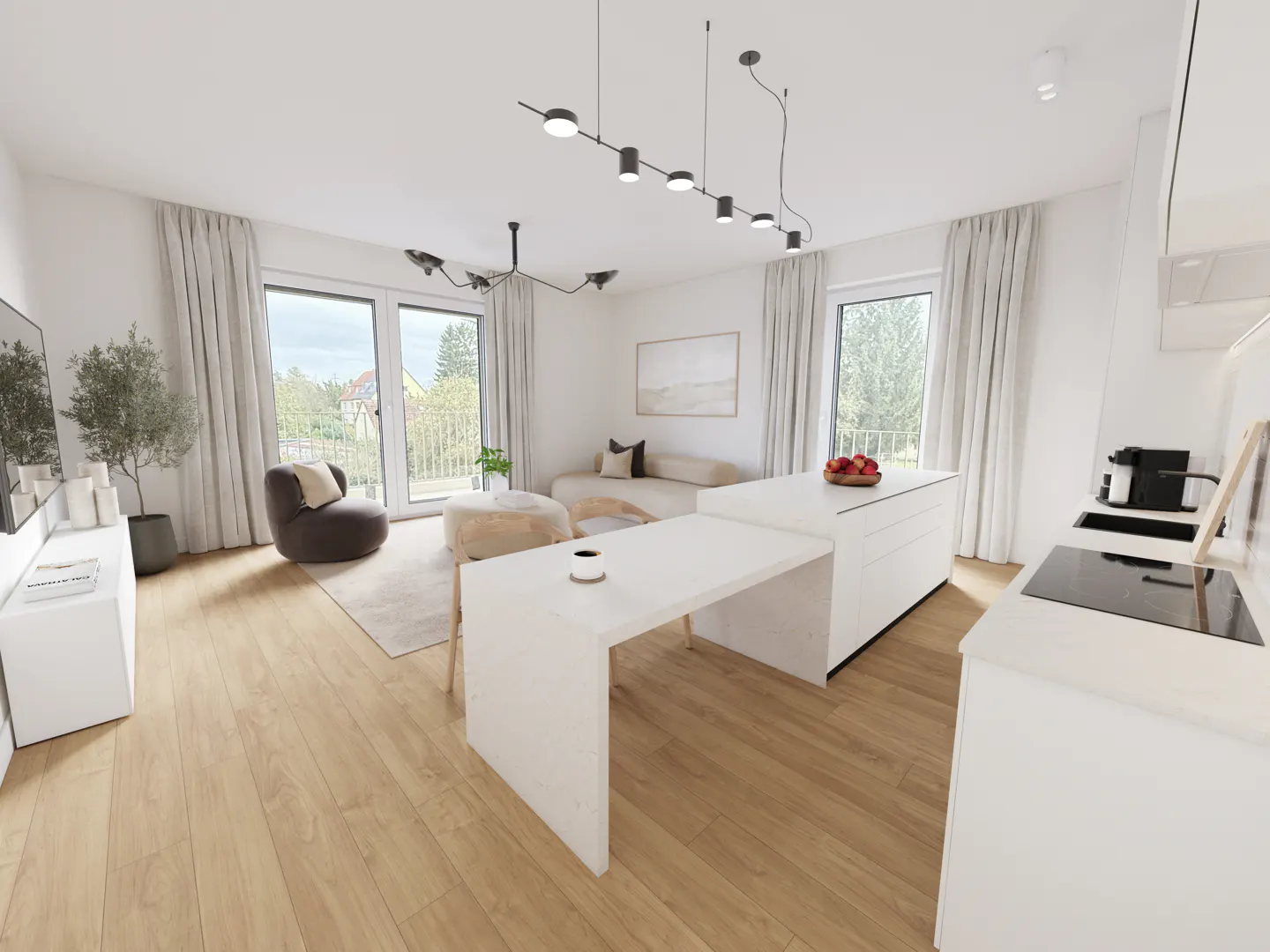 Bright, modern living room with wood floors, white walls, and large windows. Features a kitchen island, sofa, and lounge chair.