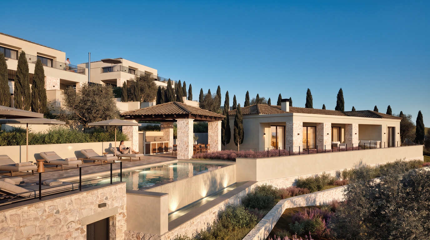 Luxury villa with a stone infinity pool, outdoor dining pavilion, and lounge chairs under a clear blue sky. [AI-generated text]