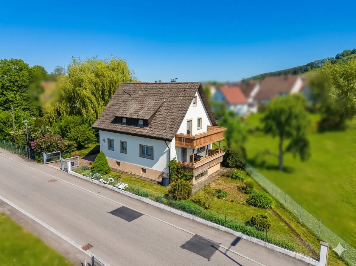 Two-story white house with a brown roof and a wooden balcony, viewed from above on a sunny day.