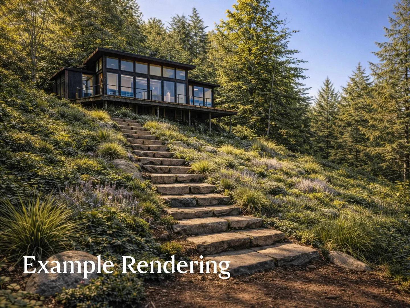 Modern cabin with large windows, nestled in a lush green forest. Stone steps lead up the hillside to the house.