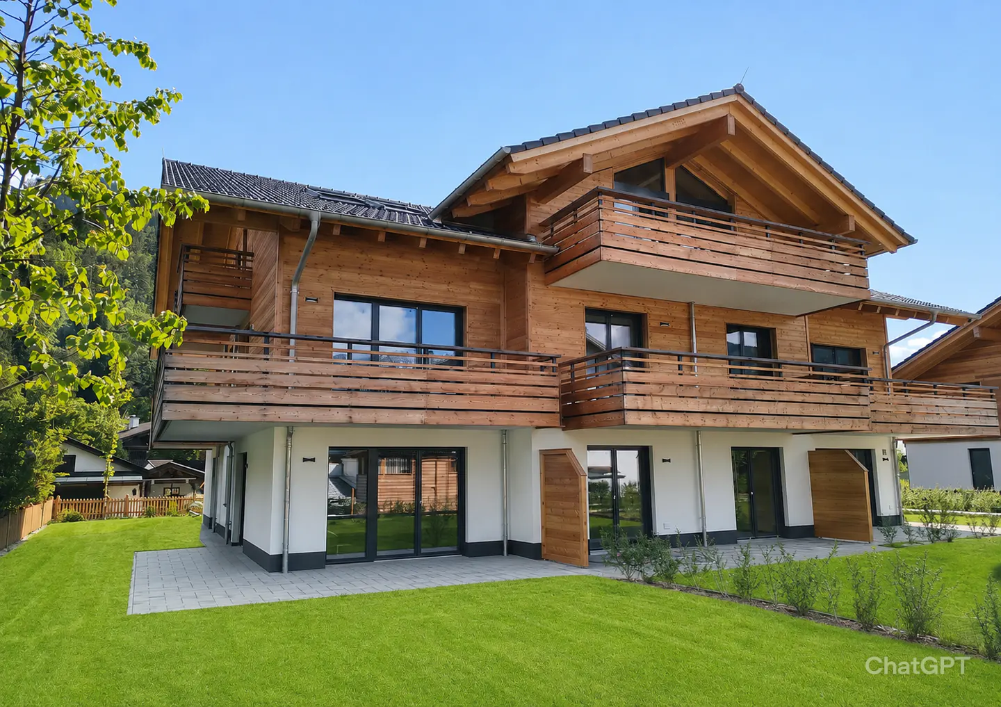 Exterior of a modern, three-story wood house with balconies, white base, and green lawn under a blue sky.