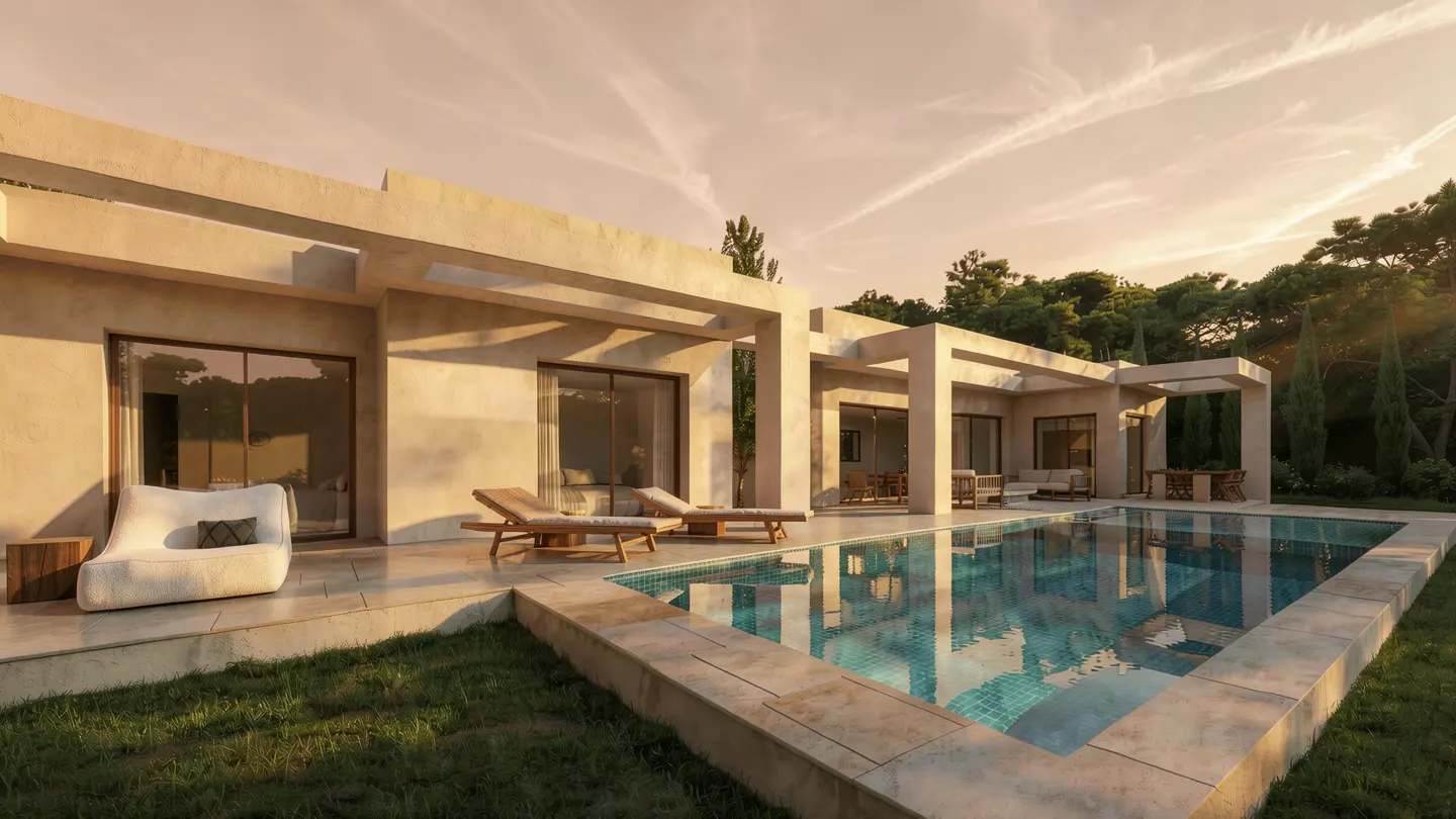 Modern villa with a swimming pool, lounge chairs, and patio at sunset, surrounded by trees and a grassy lawn.