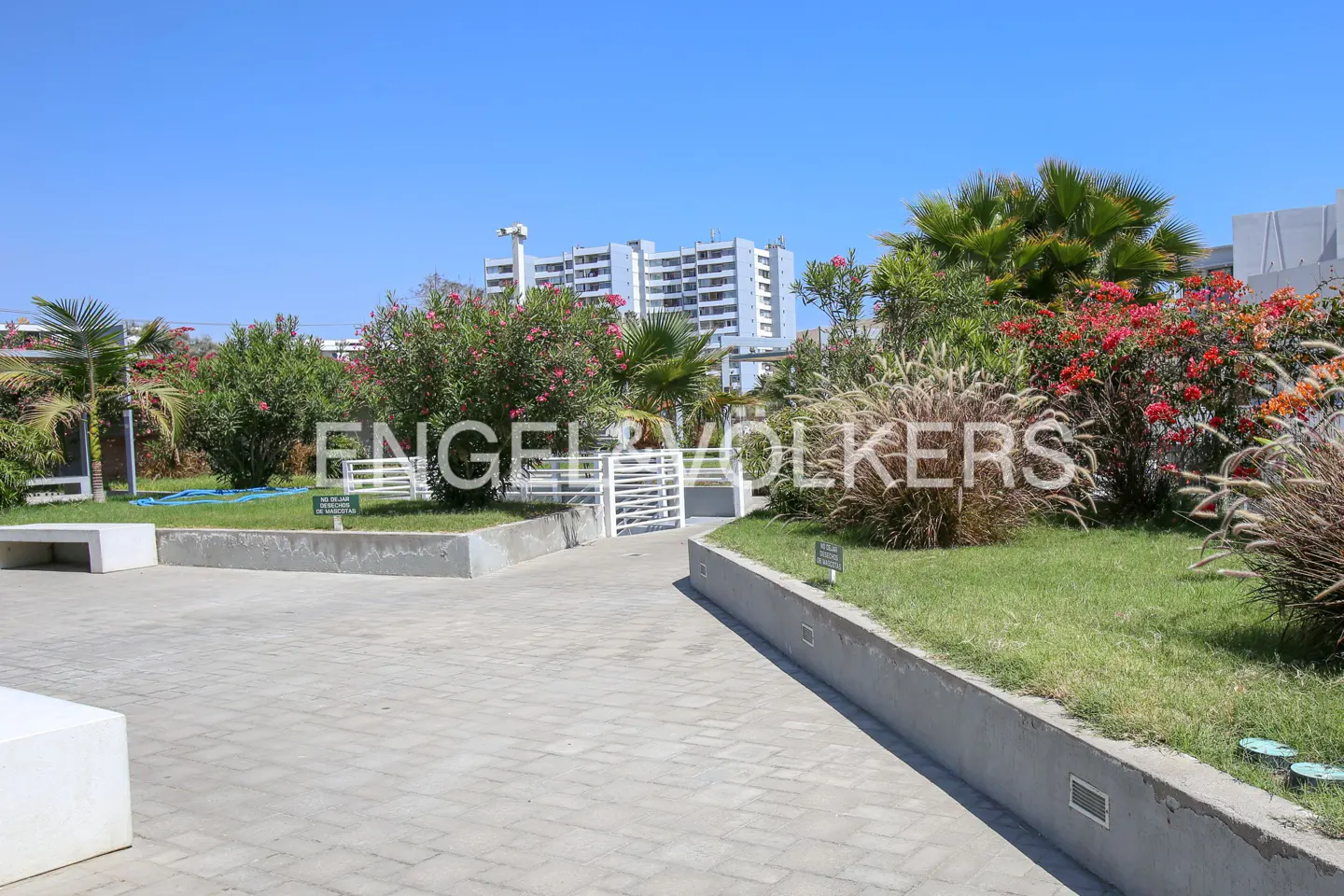 Landscaped garden with a paved path, white gate, and colorful flowers. A tall building is visible in the background under a clear blue sky.