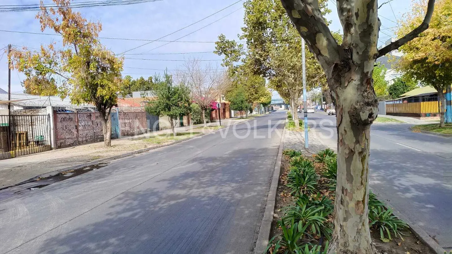 Street view with trees lining the road. Houses and fences are visible in the background. The sky is blue with some clouds.