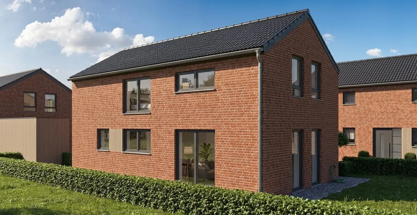 Two-story brick house with a black roof, gray trim, and green lawn on a sunny day.