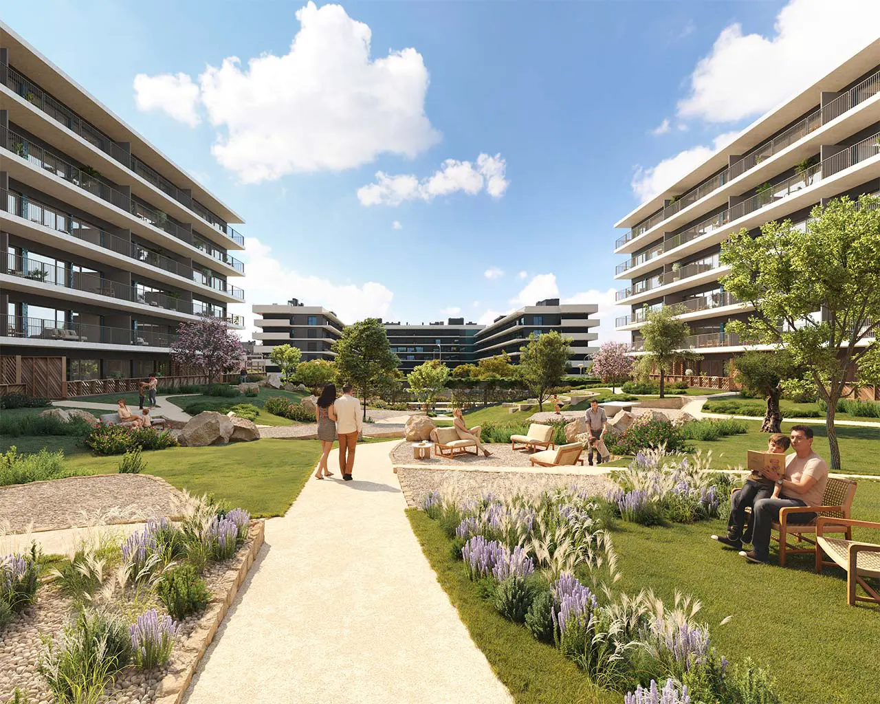Apartment complex with a green courtyard. People are walking, relaxing on lounge chairs, and reading on benches.
