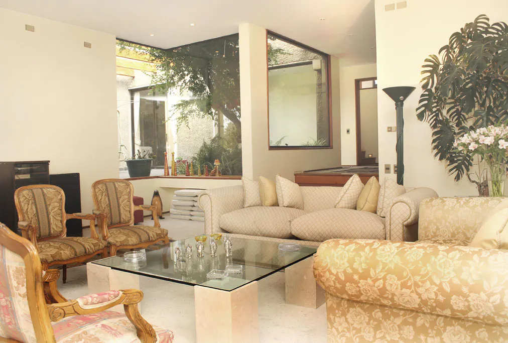 Living room with patterned sofas, wooden chairs, and a glass coffee table. A large window shows greenery outside.