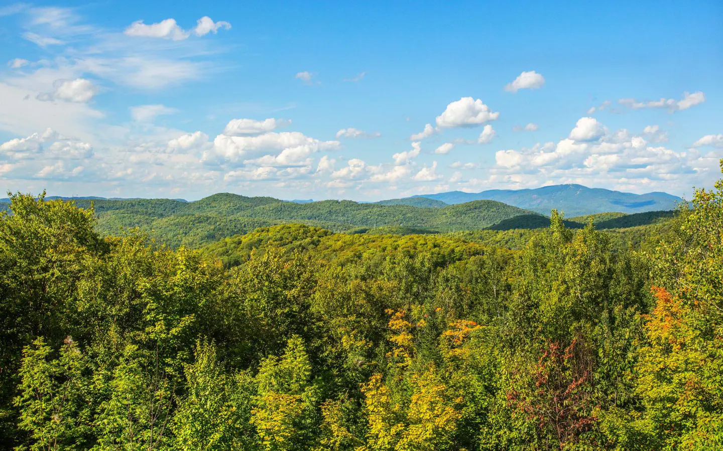 Scenic view of green, tree-covered mountains under a blue sky with scattered white clouds.