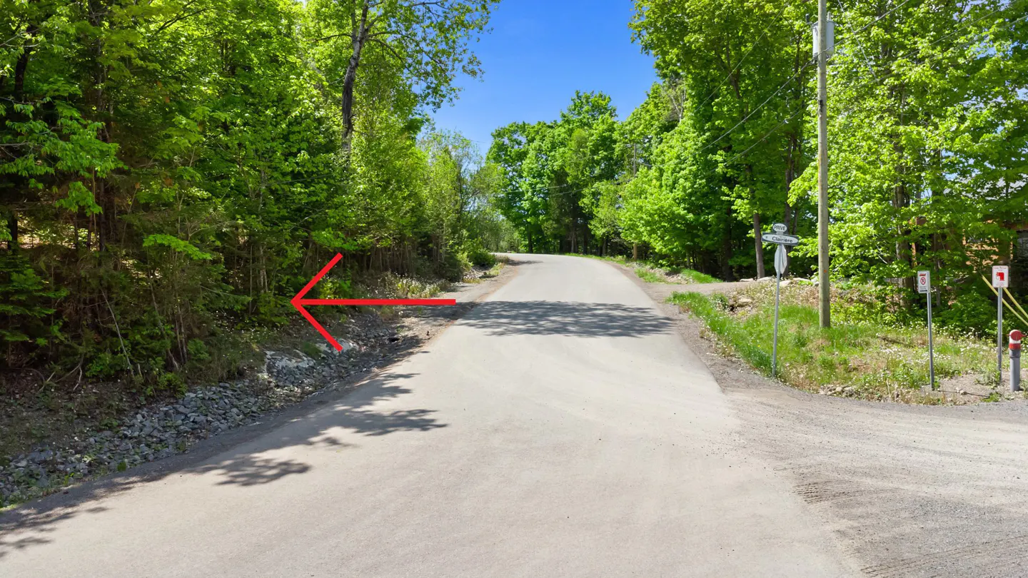 A paved road curves through a green, wooded area, with a red arrow pointing to the left side of the road.