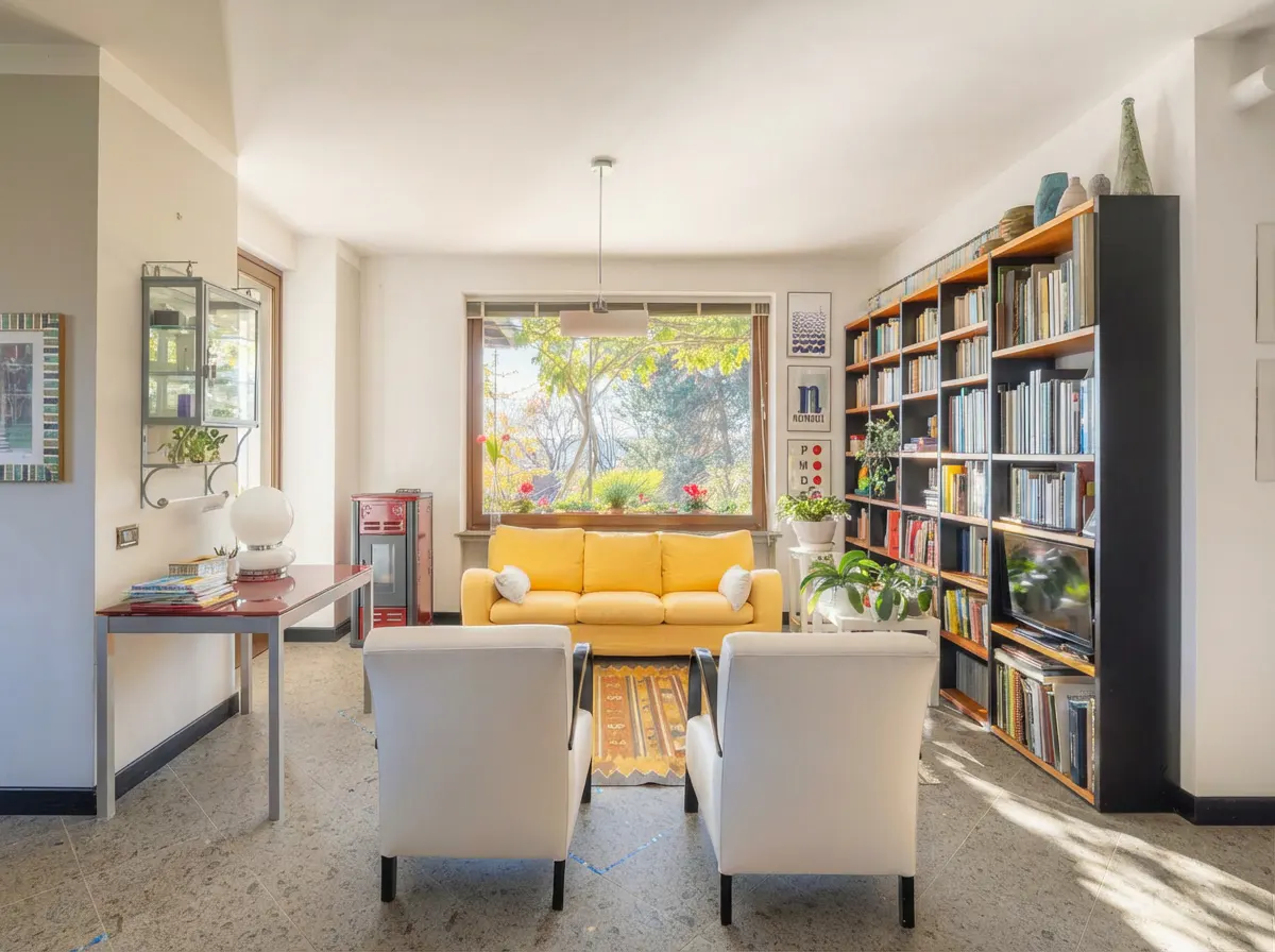 Bright living room with yellow sofa, two white chairs, and a large bookcase. A window overlooks a garden.