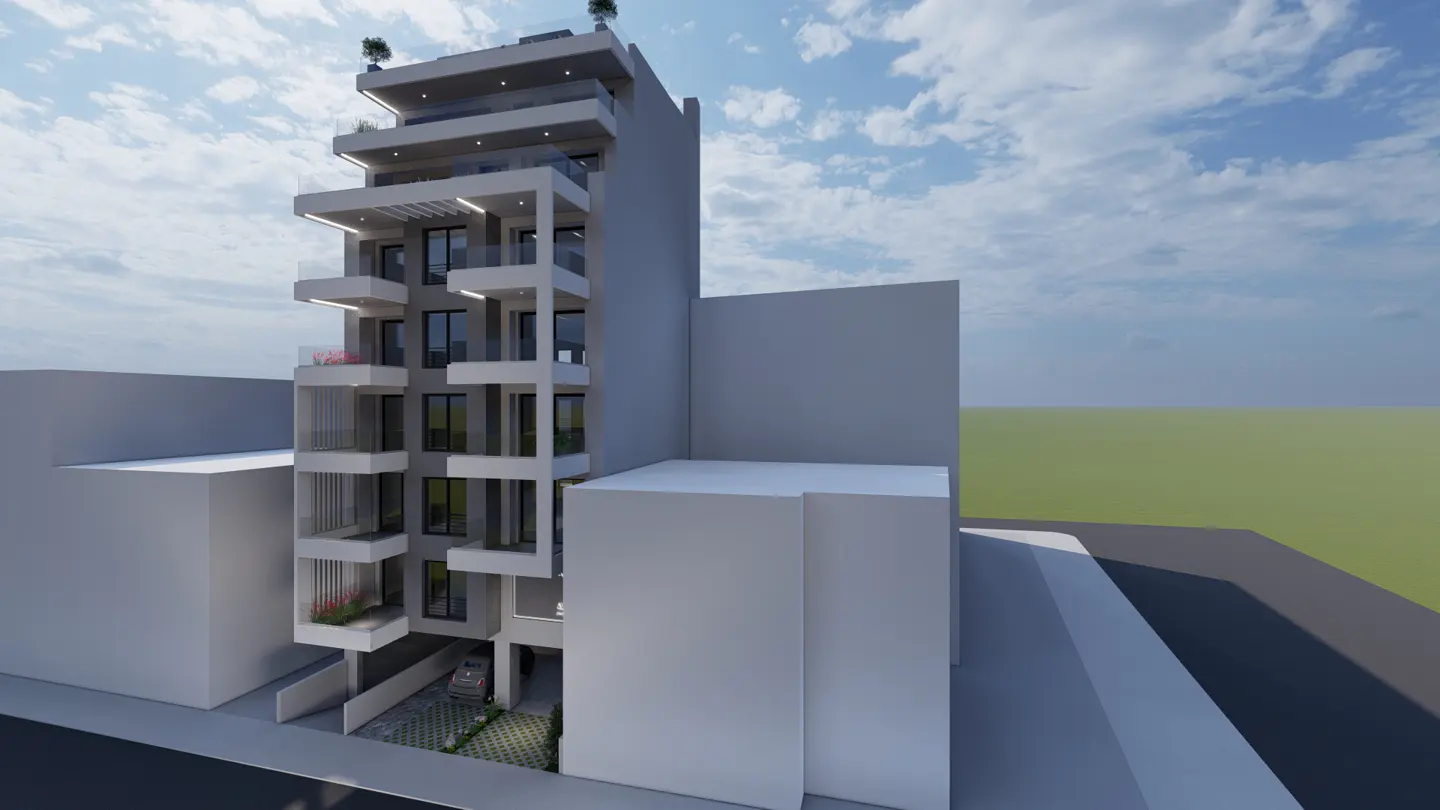 Modern multi-story apartment building with white balconies and glass railings against a blue sky.
