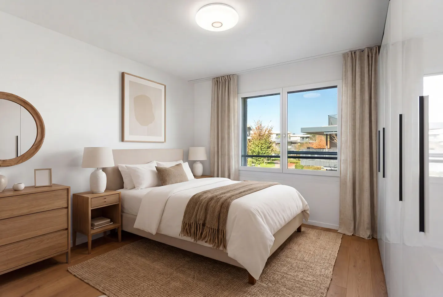 Modern bedroom with a neutral color palette, a queen bed, wooden furniture, a round mirror, and a window with beige curtains.