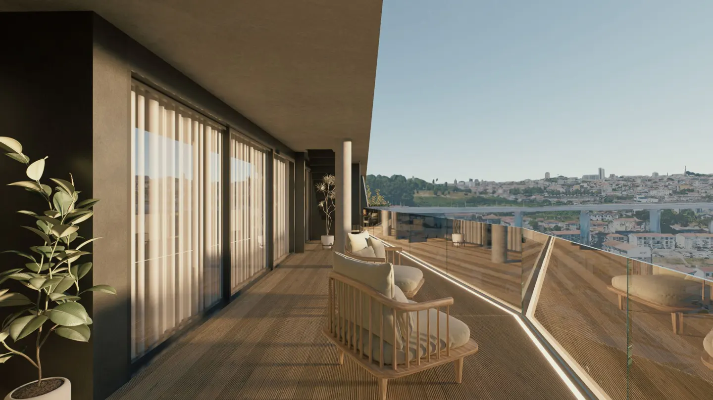 A modern balcony with wood floors, chairs, and a glass railing overlooking a city skyline.