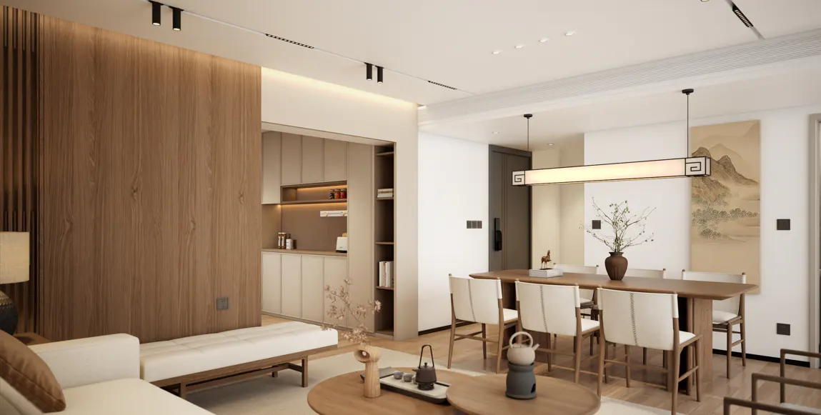 A modern living and dining area with wood accents, a white sofa, and a dining table with white chairs. A kitchen is visible in the background.