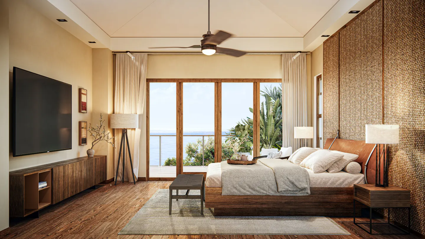 A bedroom with a wooden bed, a woven headboard, and a view of the ocean through large windows.