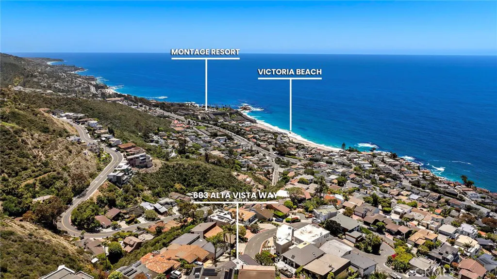 Aerial view of 683 Alta Vista Way, Laguna Beach, CA, near Montage Resort and Victoria Beach, with blue ocean background.