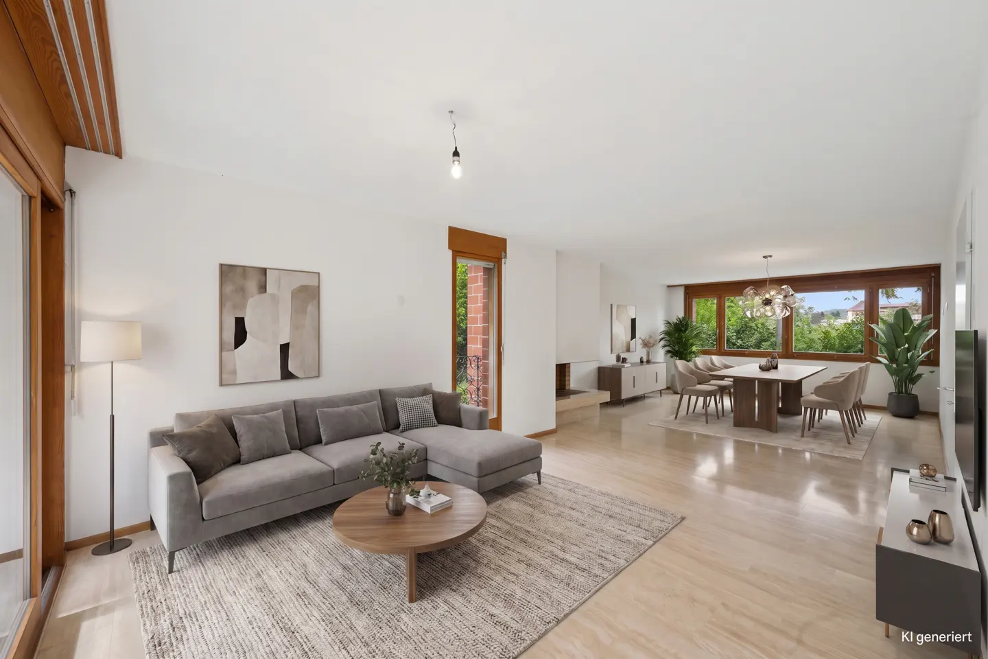 Bright, open-plan living and dining area with a gray sectional sofa, round coffee table, and dining set near large windows.
