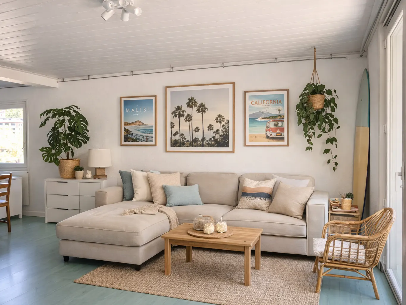 Living room with beige sectional sofa, wooden coffee table, and rattan chair. Wall art features California and Malibu themes. Surfboard stands by the window.
